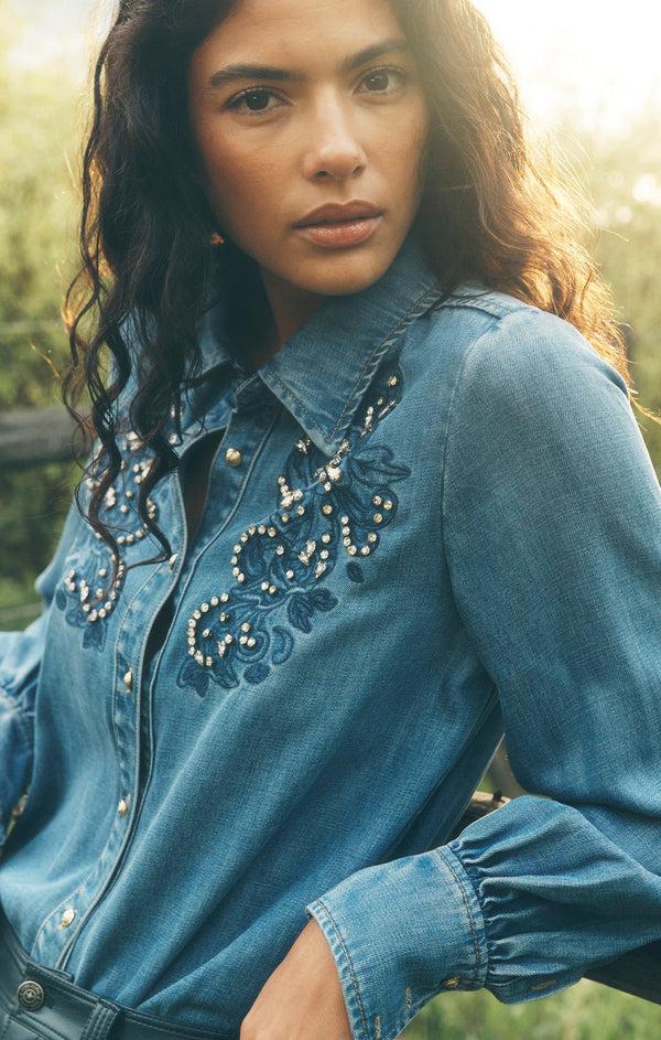 Sept Cinq Rhinestone Embellished Juliette Jean Top Woven Tops