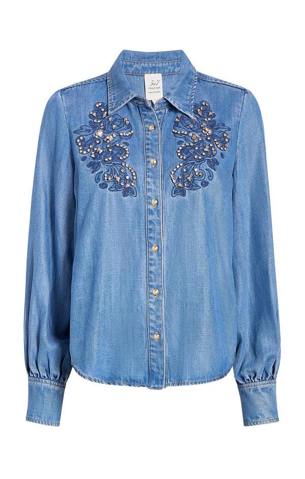 sept cinq Rhinestone Embellished Juliette Jean Top Woven Tops