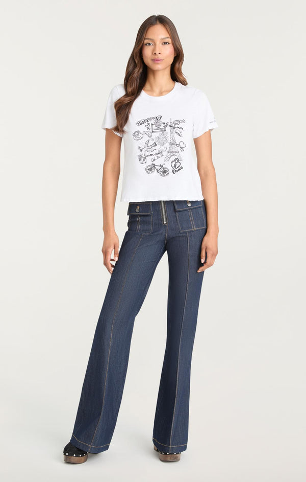 Sept Cinq Rhinestone Paris Doodle Shrunken Tee Knit Top