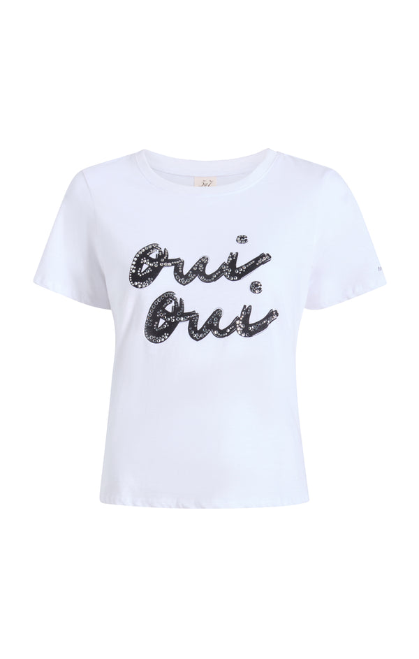 sept cinq Rhinestone Oui Oui Shrunken Tee Knit Top
