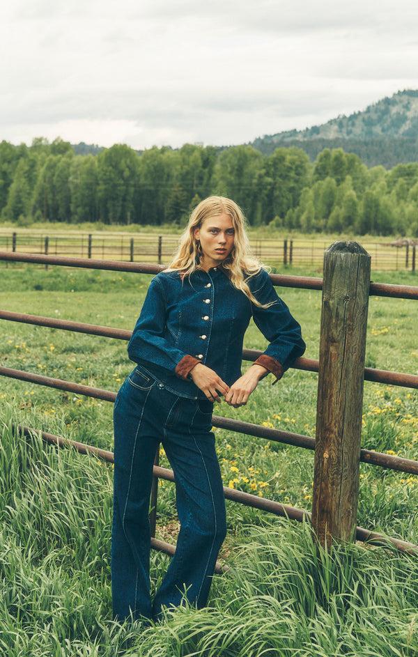 Sept Cinq Suede Combo Autumn Jean Top Woven Tops