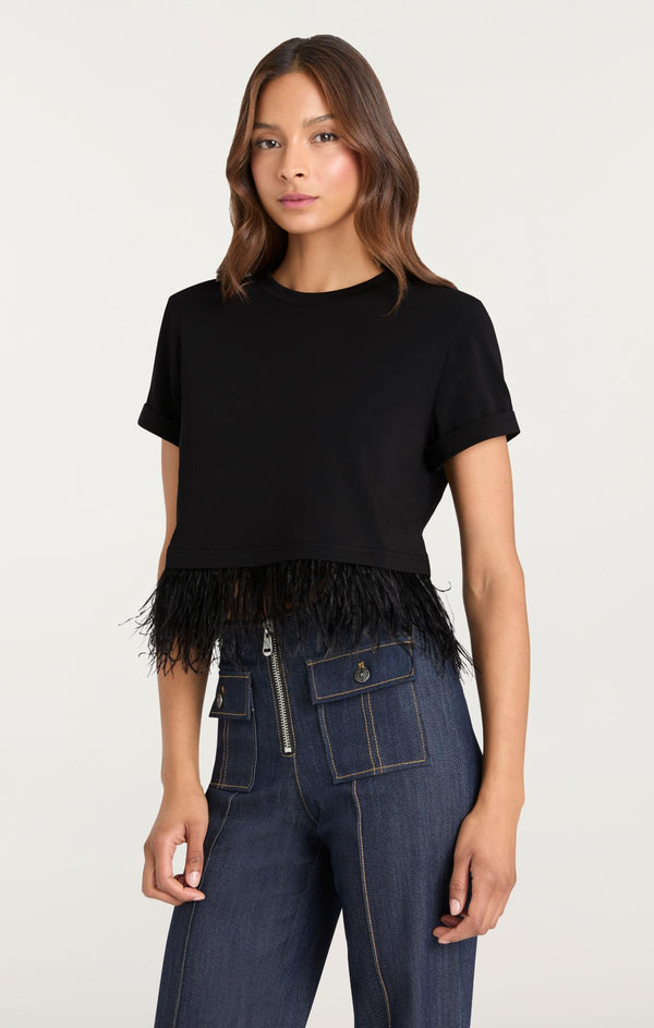 Sept Cinq Short Sleeve Cropped Feather Tee Knit Top