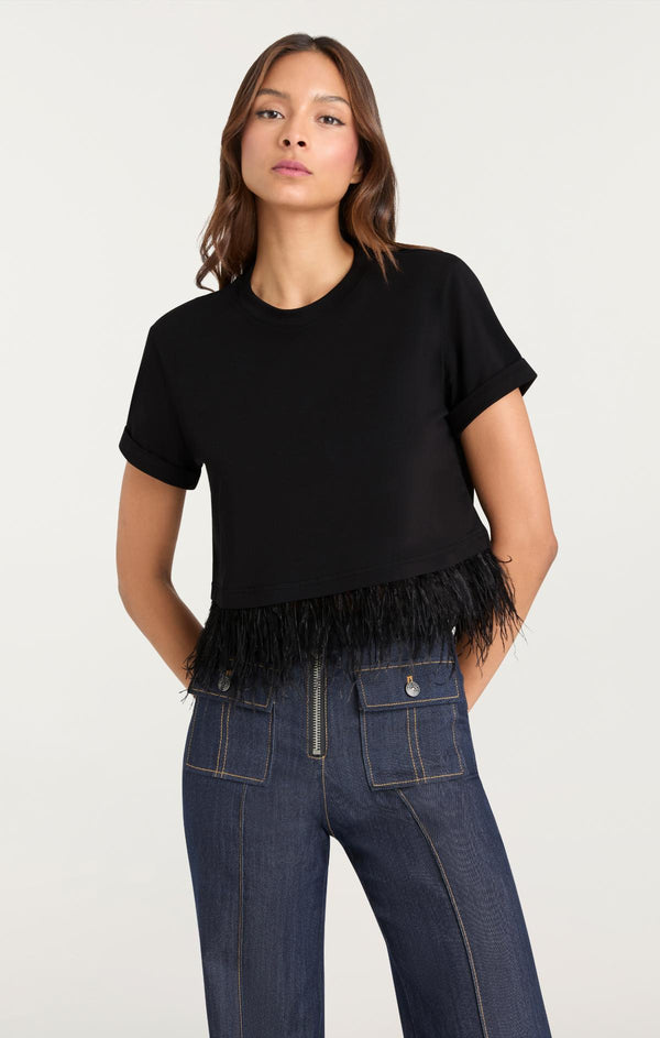 Sept Cinq Short Sleeve Cropped Feather Tee Knit Top