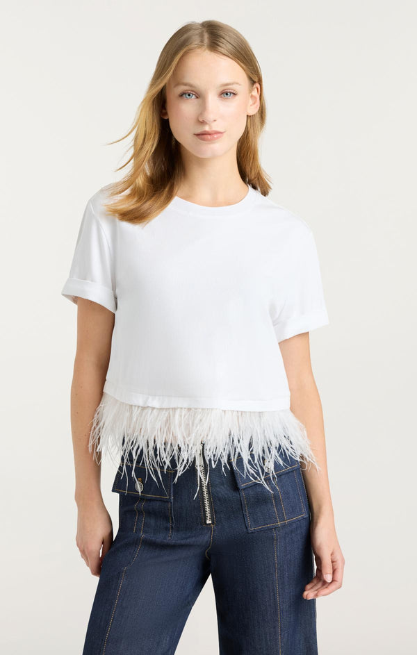 Sept Cinq Short Sleeve Cropped Feather Tee Knit Top