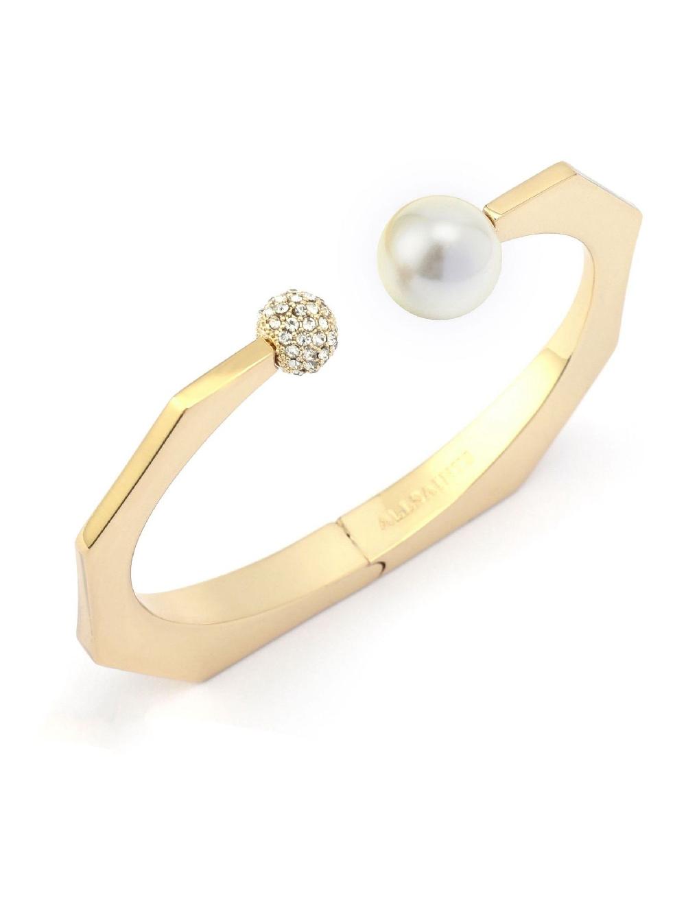 seraphine AllSaints Gold Plated Pearl & Pavé Ball Cuff Bracelet