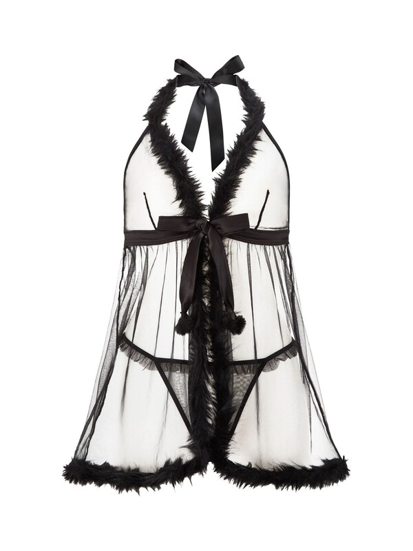 Seraphine Ann Summers Black Desires At Dusk Faux Fur Trim Sheer Crotchless Babydoll Set