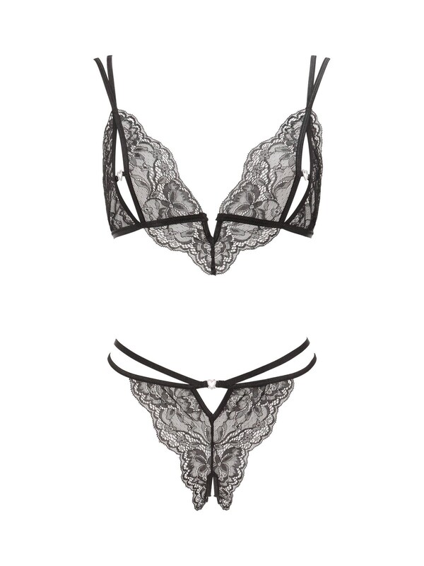 Seraphine Ann Summers Black Diamond Heart Crotchless Bra & Thongs Set