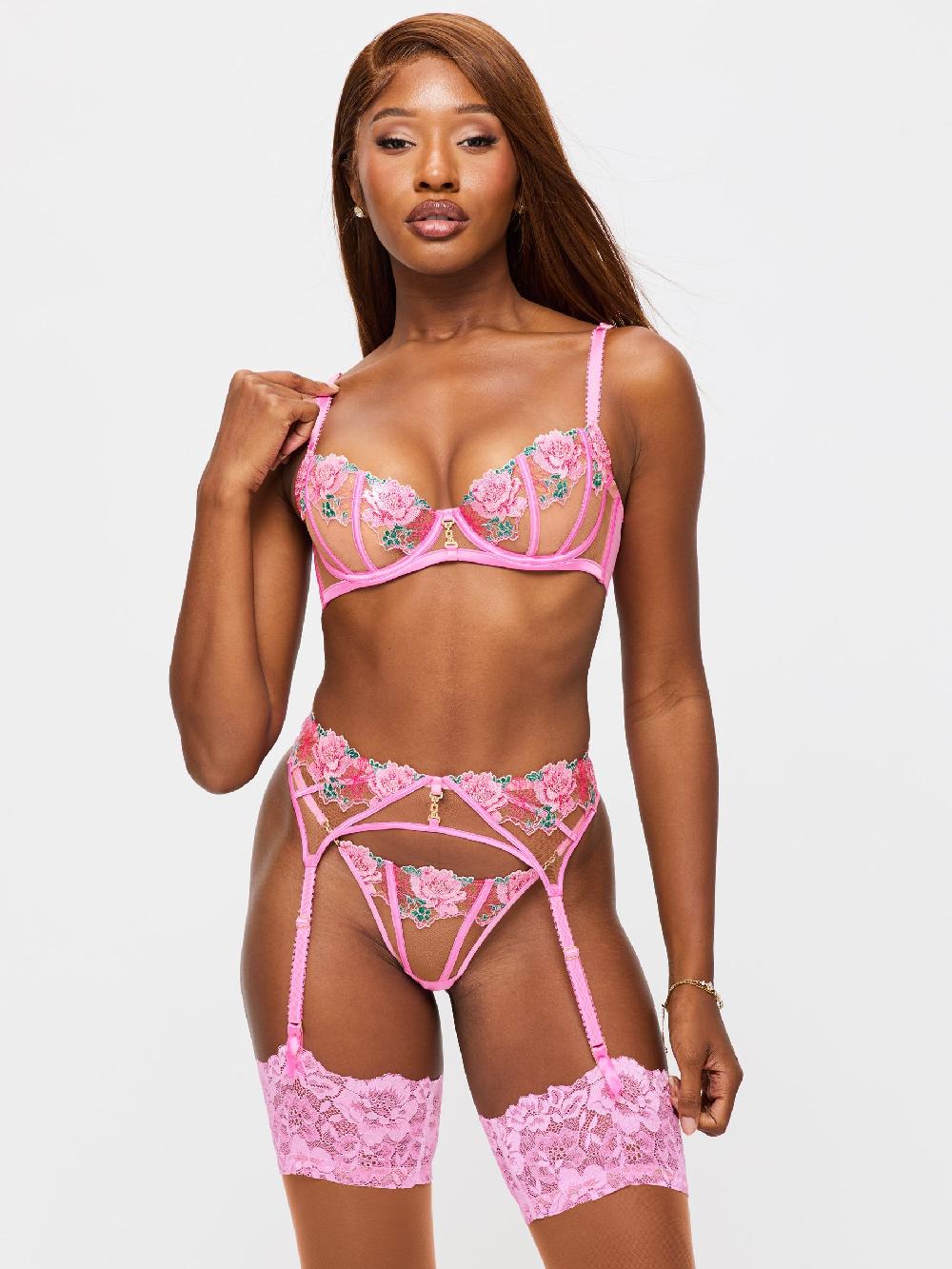 seraphine Ann Summers Pink Caged Rose Floral Print Embroidery Suspender Belt