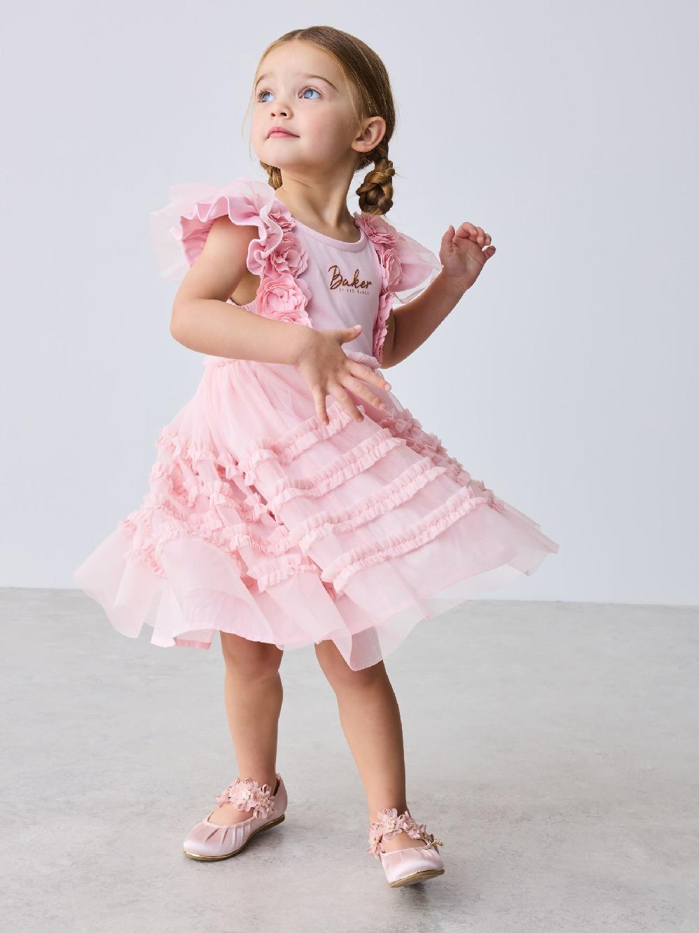 seraphine Baker by Ted Baker Pink 3D Corsage Mesh Tier Dress