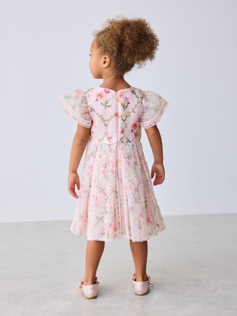 seraphine Baker by Ted Baker Pink Organza Floral Trellis Lace Overlay Dress