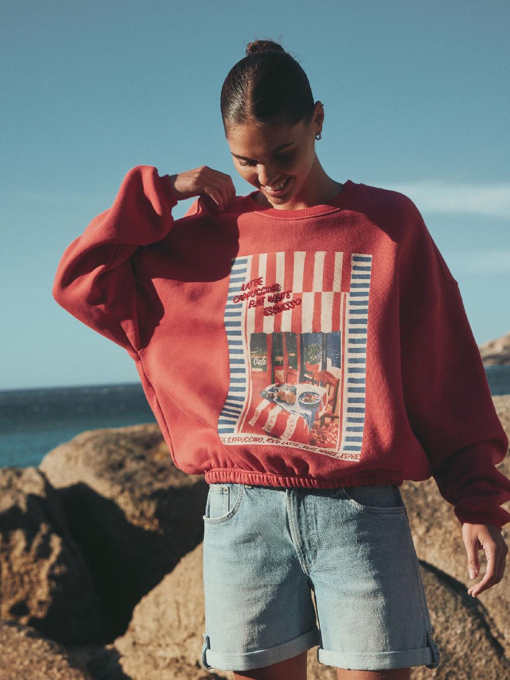 seraphine Berry Red Coffee Table Graphic Long Sleeve Crew Neck Sweat Top