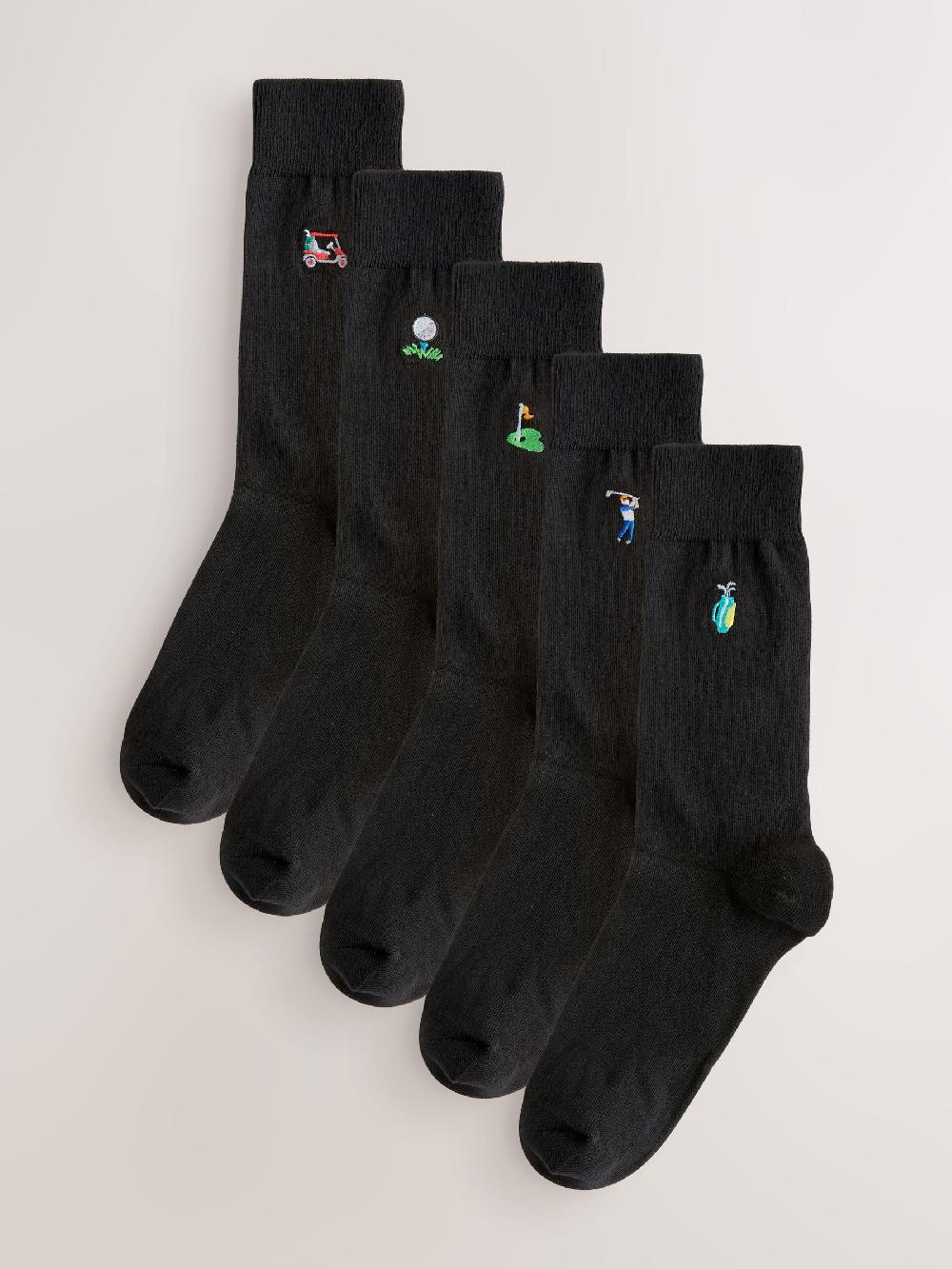 seraphine Black Golfing Fun Embroidered Socks 5 Pack