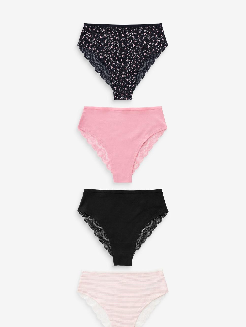 seraphine Black/Pink Heart Print High Waist High Leg Cotton Lace Knickers 4 Pack