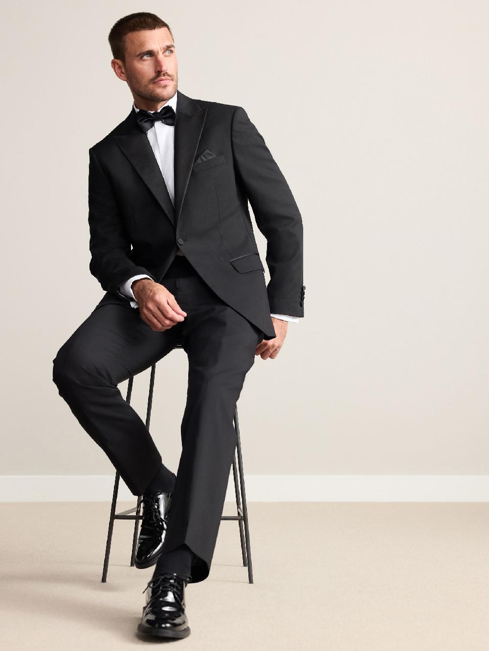 seraphine Black Regular Fit Signature Nova Fides 100% Italian Wool Tuxedo Suit Jacket