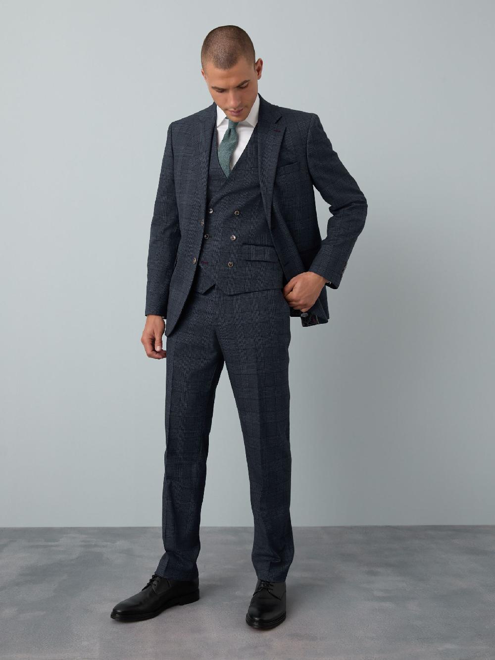 seraphine Blue Tailored Fit Trimmed Check Suit Jacket