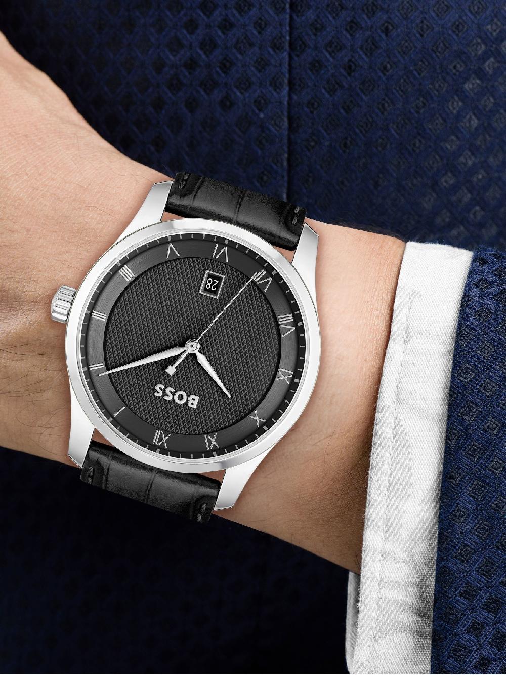 seraphine BOSS Black Tone Principle Black Leather Strap Watch