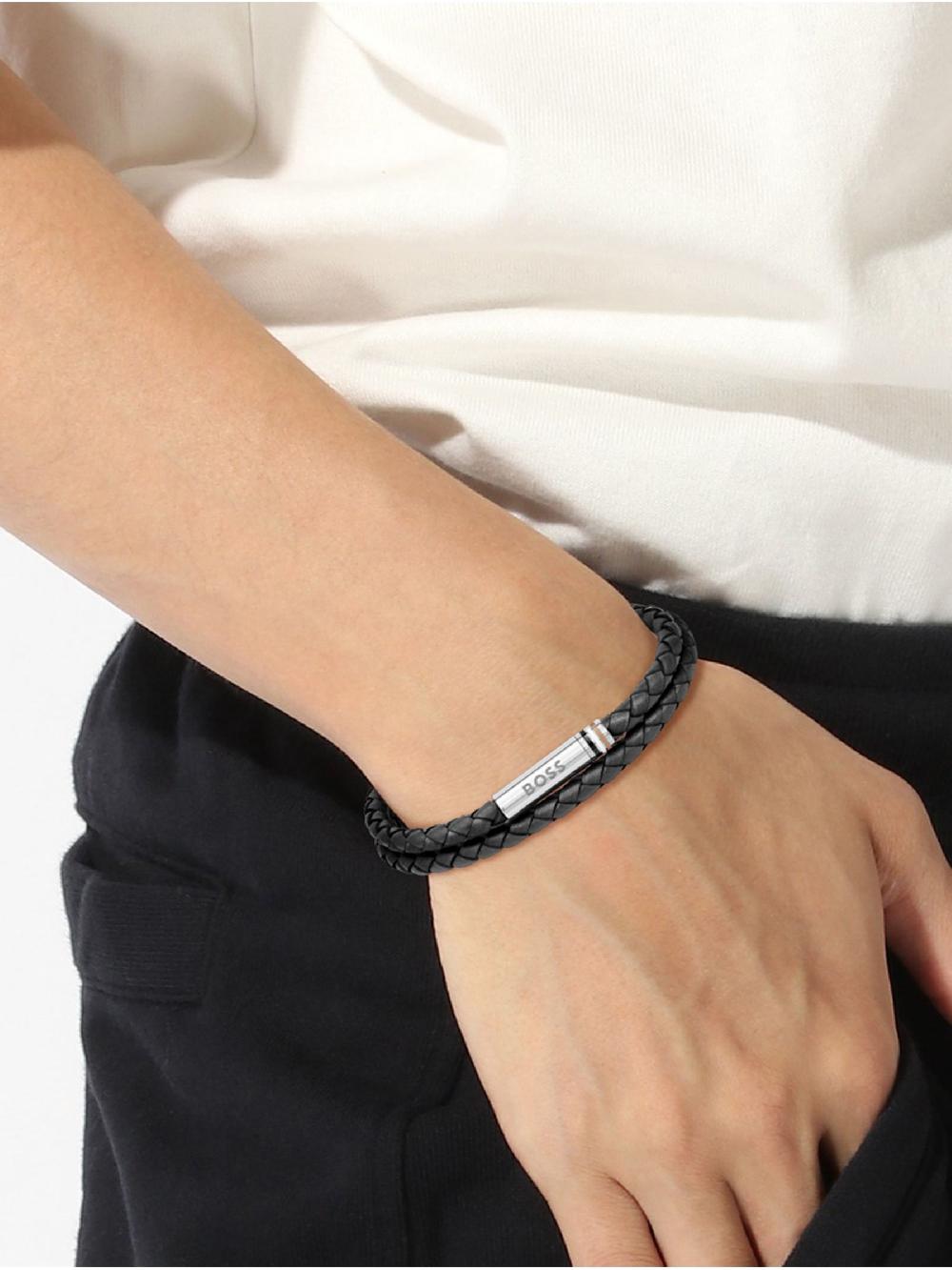 seraphine BOSS Brown Gents Ares Black Double Wrap Leather Bracelet