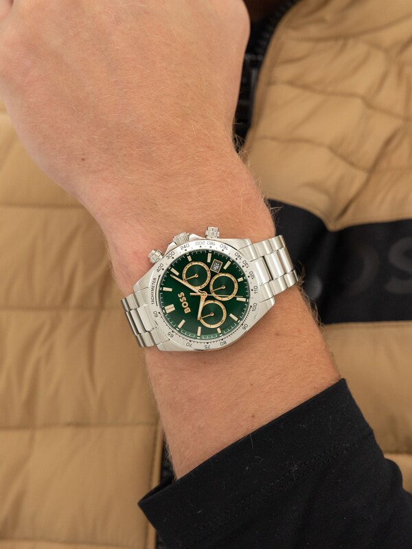 Seraphine BOSS Silver Hero Stainless Steel Bracelet Watch With Green Dial