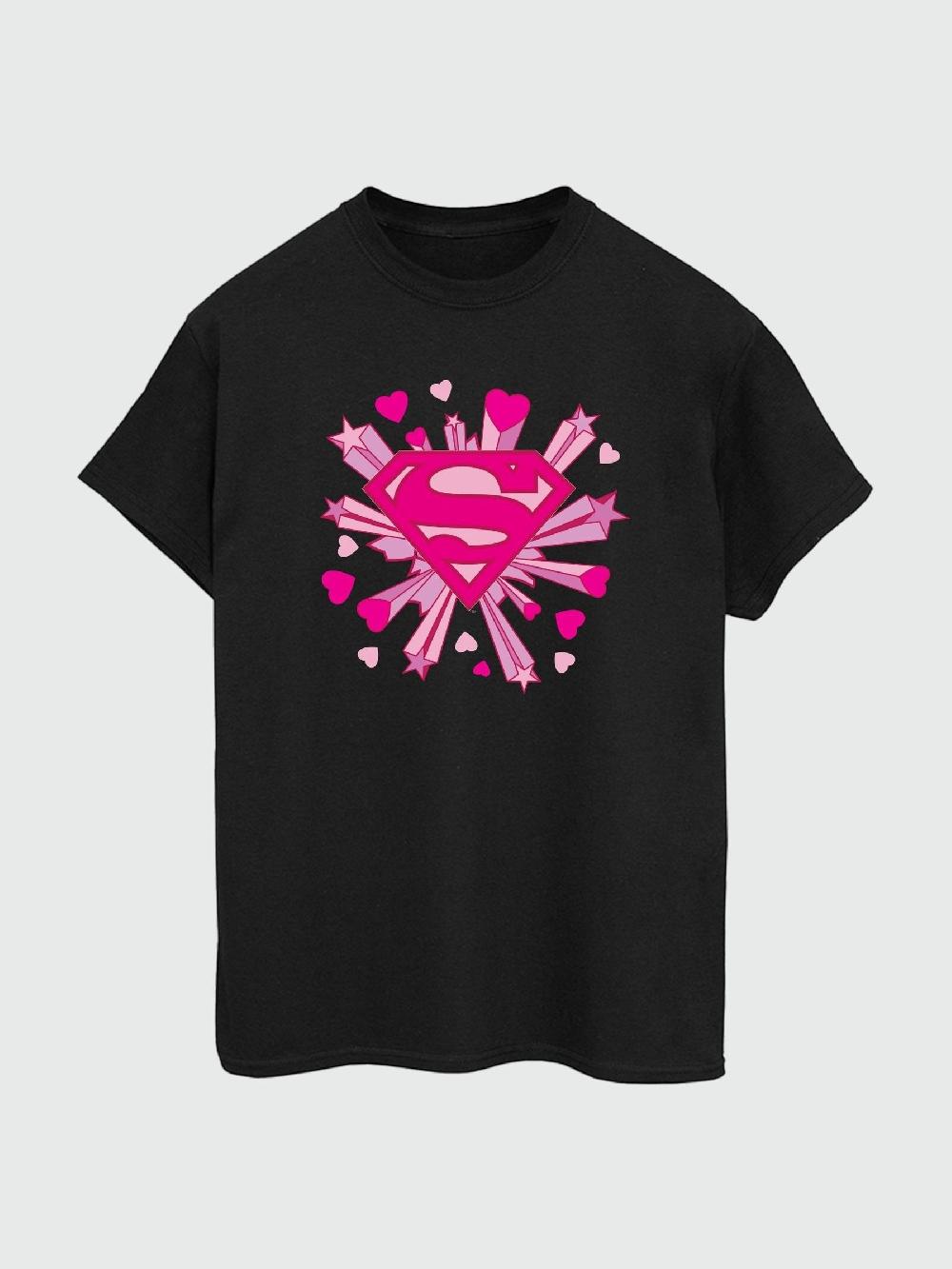seraphine Brands In Black Boyfriend Fit Superman Pink Hearts & Stars Logo Womens 100% Cotton T-Shirt