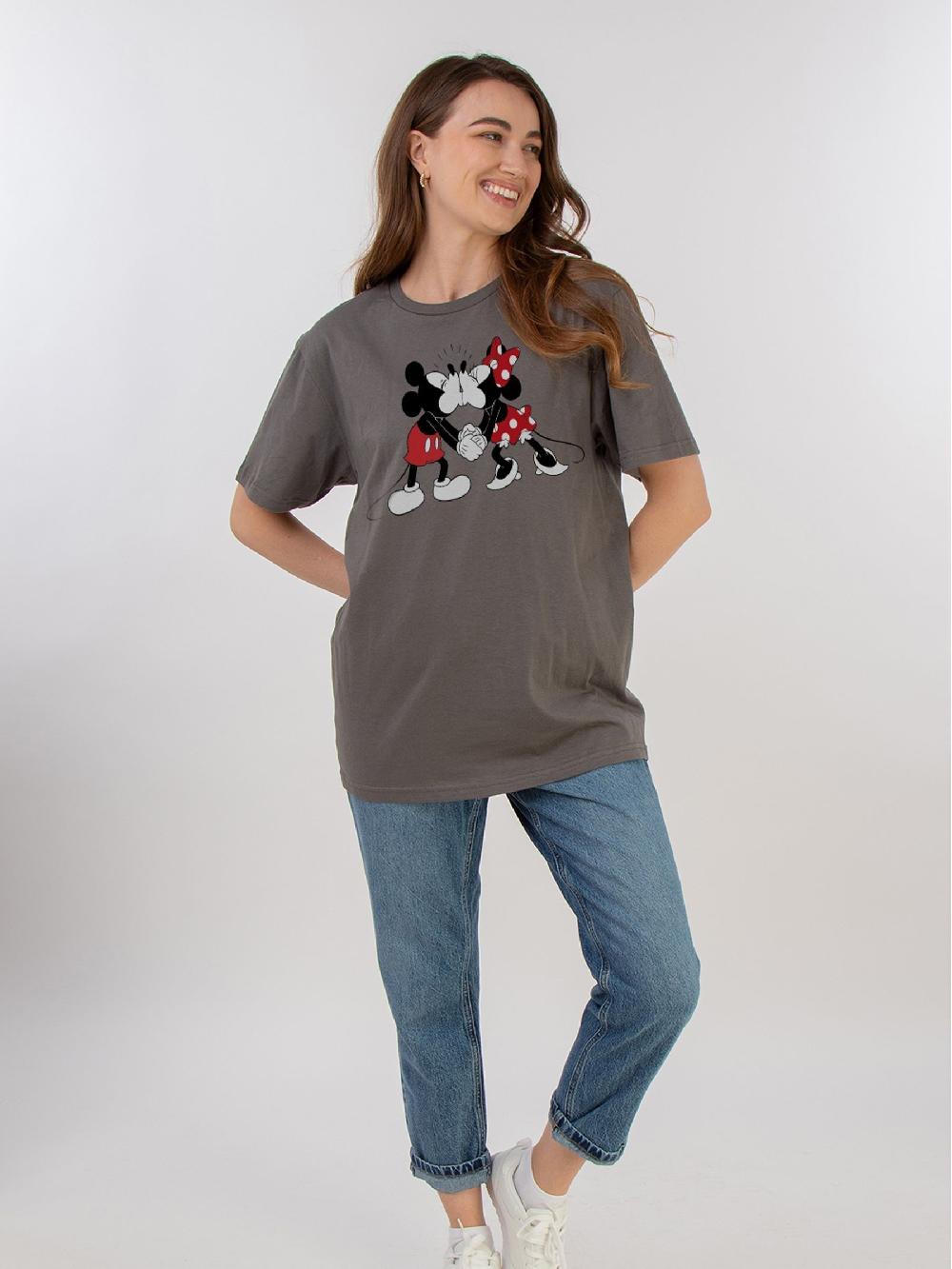 seraphine Brands In Grey Women Boyfriend Fit 100% Cotton Disney Minnie And Mickey Kiss T-Shirt
