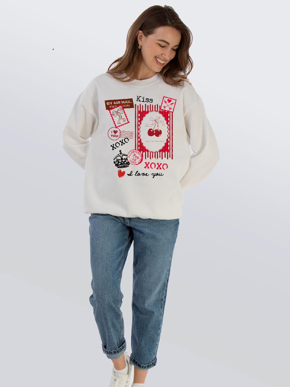 seraphine Brands In White Valentine's Day Stamps Sweat Top