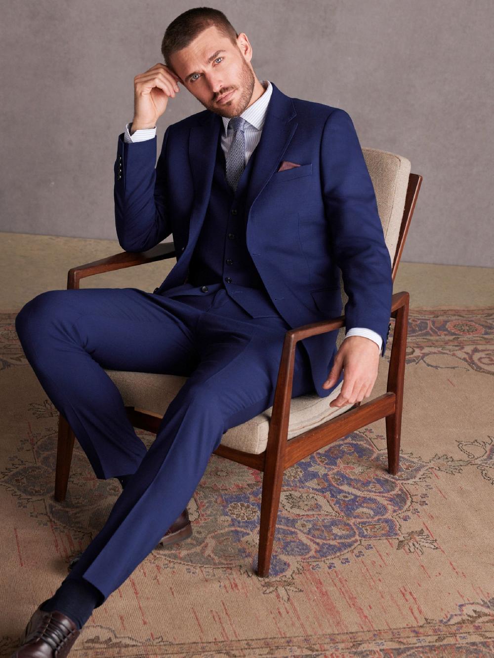 seraphine Bright Blue Slim Fit Signature Tollegno Italian Wool Textured Suit Jacket