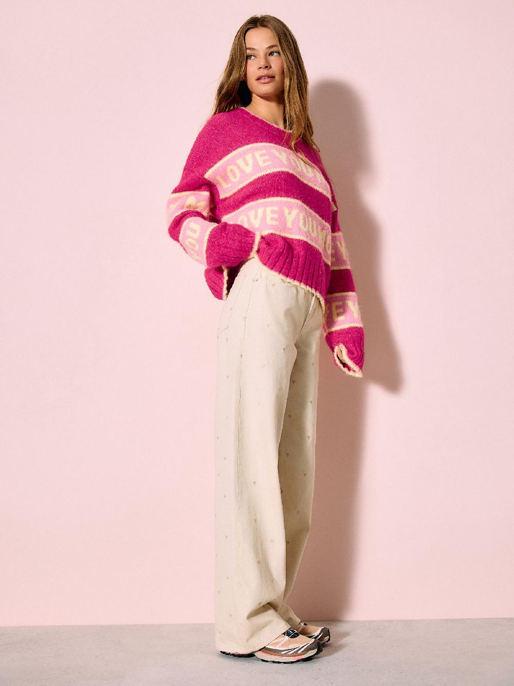 seraphine Bright Pink Love You More Slogan Stripe Crew Neck Jumper With Wool