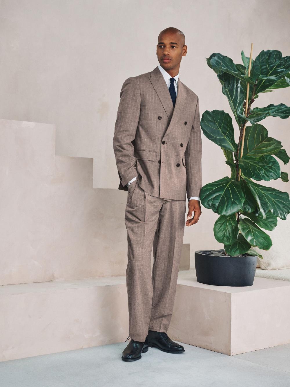 seraphine Brown Loose Fit Striped Double Breasted Suit Jacket