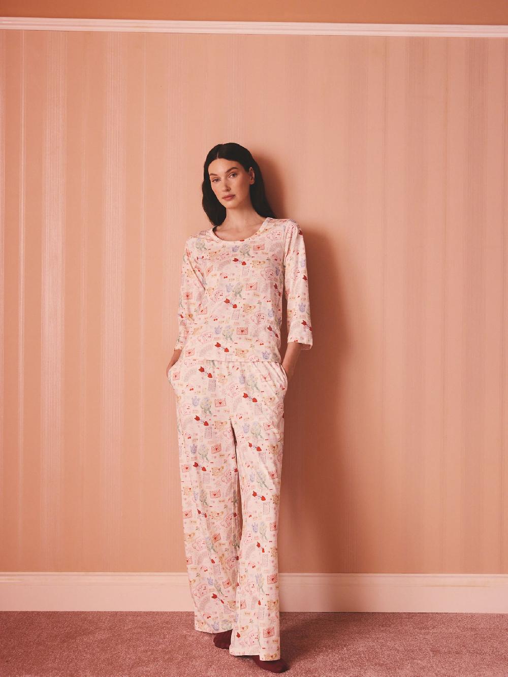 seraphine Cath Kidston Cream/Red Love Notes Valentines Heart Print Cotton Jersey Pyjamas