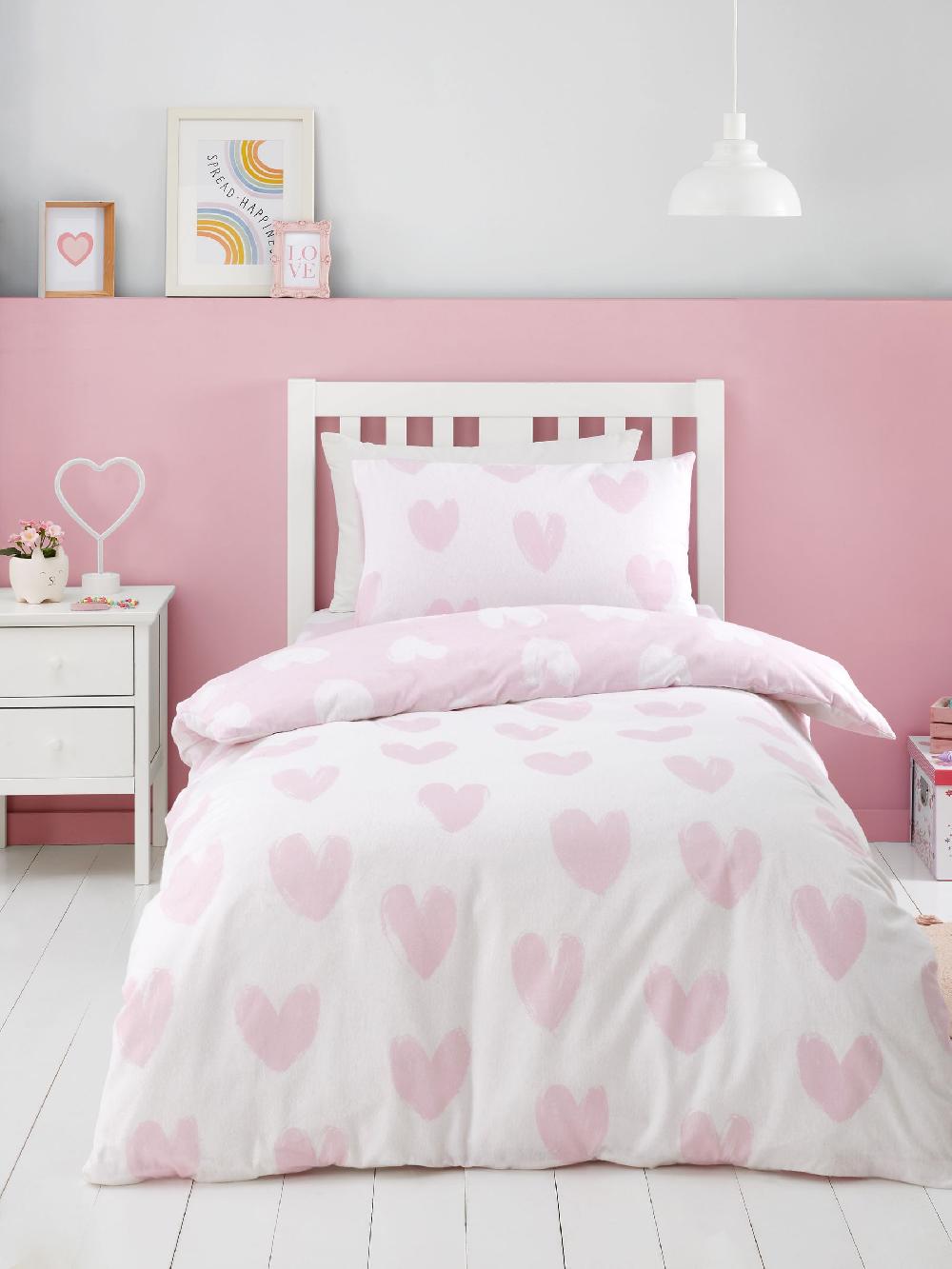 seraphine Catherine Lansfield Pink Supersoft 100% Brushed Cotton Hearts Duvet Cover Set