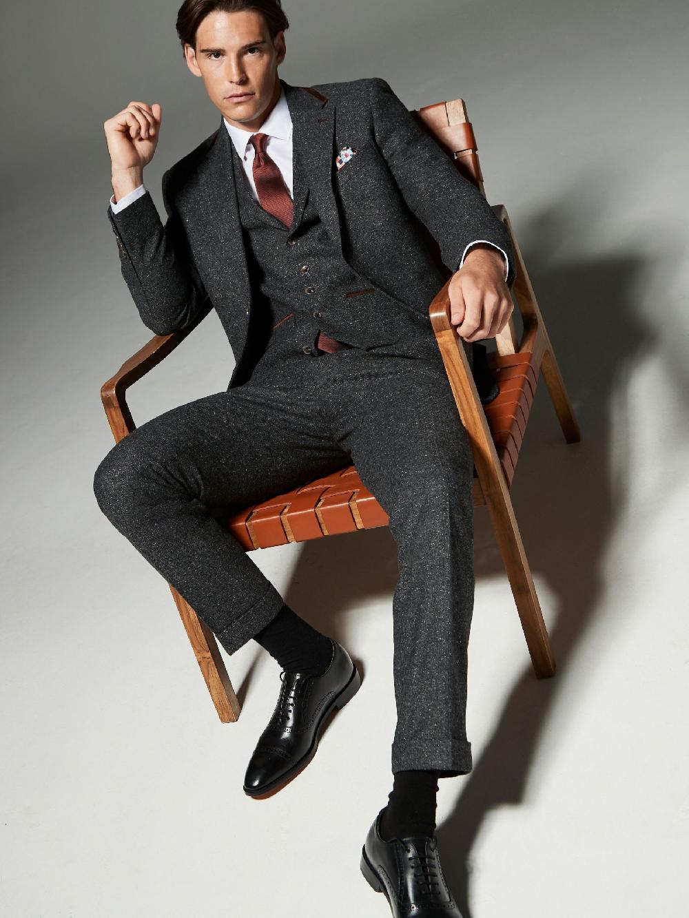 seraphine Charcoal Grey Regular Fit Wool Blend Trimmed Suit Jacket