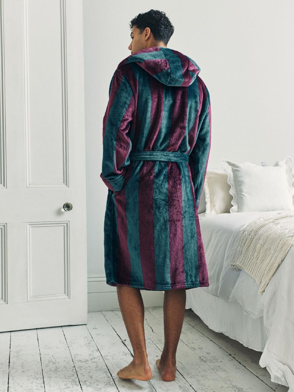 seraphine Chelsea Peers Blue Fleece Stripe Hooded Dressing Gown