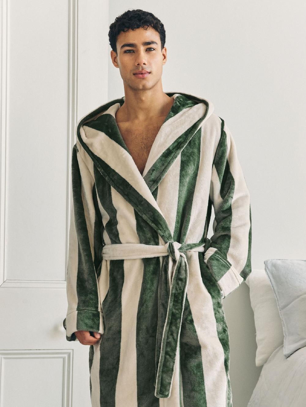 seraphine Chelsea Peers Green Fleece Stripe Hooded Dressing Gown