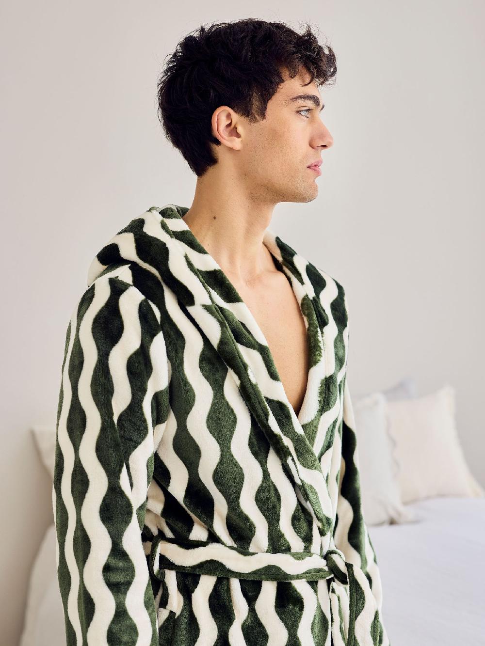 seraphine Chelsea Peers Green Fleece Wavy Stripe Hooded Dressing Gown