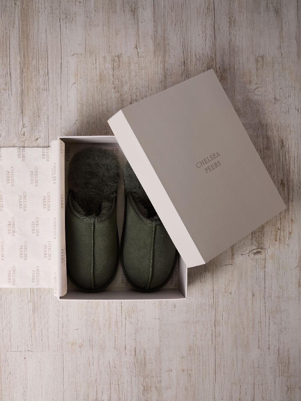 seraphine Chelsea Peers Green Suede Sheepskin Mule Slippers