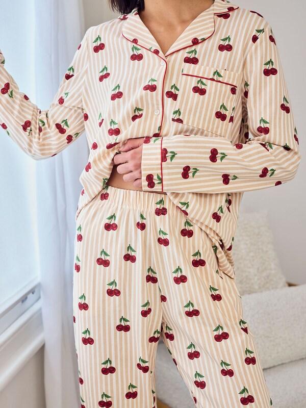 Seraphine Chelsea Peers Natural Cotton Cherry Stripe Print Long Pyjamas Set