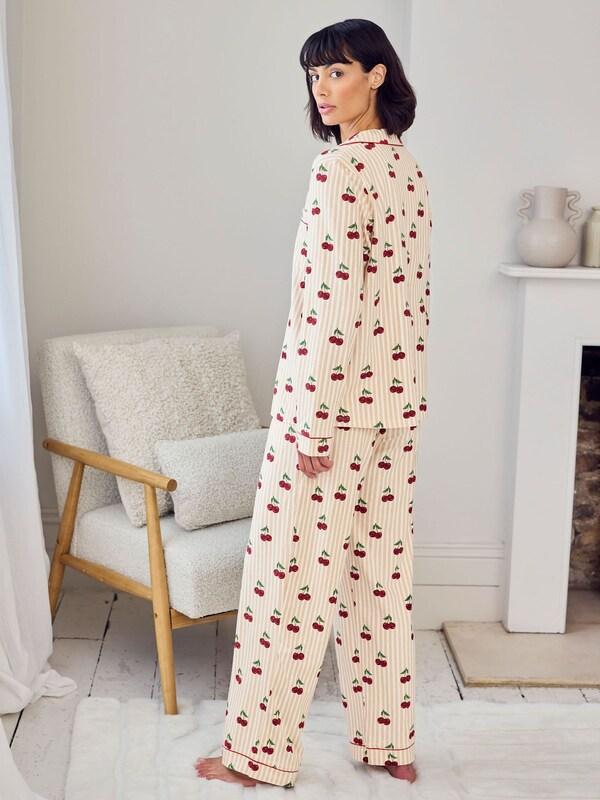 Seraphine Chelsea Peers Natural Cotton Cherry Stripe Print Long Pyjamas Set