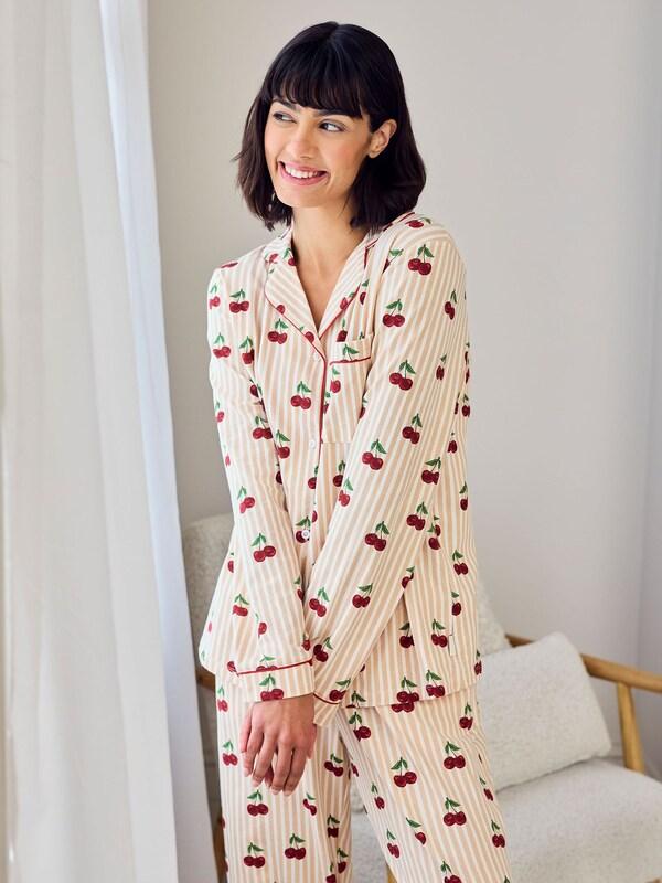 Seraphine Chelsea Peers Natural Cotton Cherry Stripe Print Long Pyjamas Set