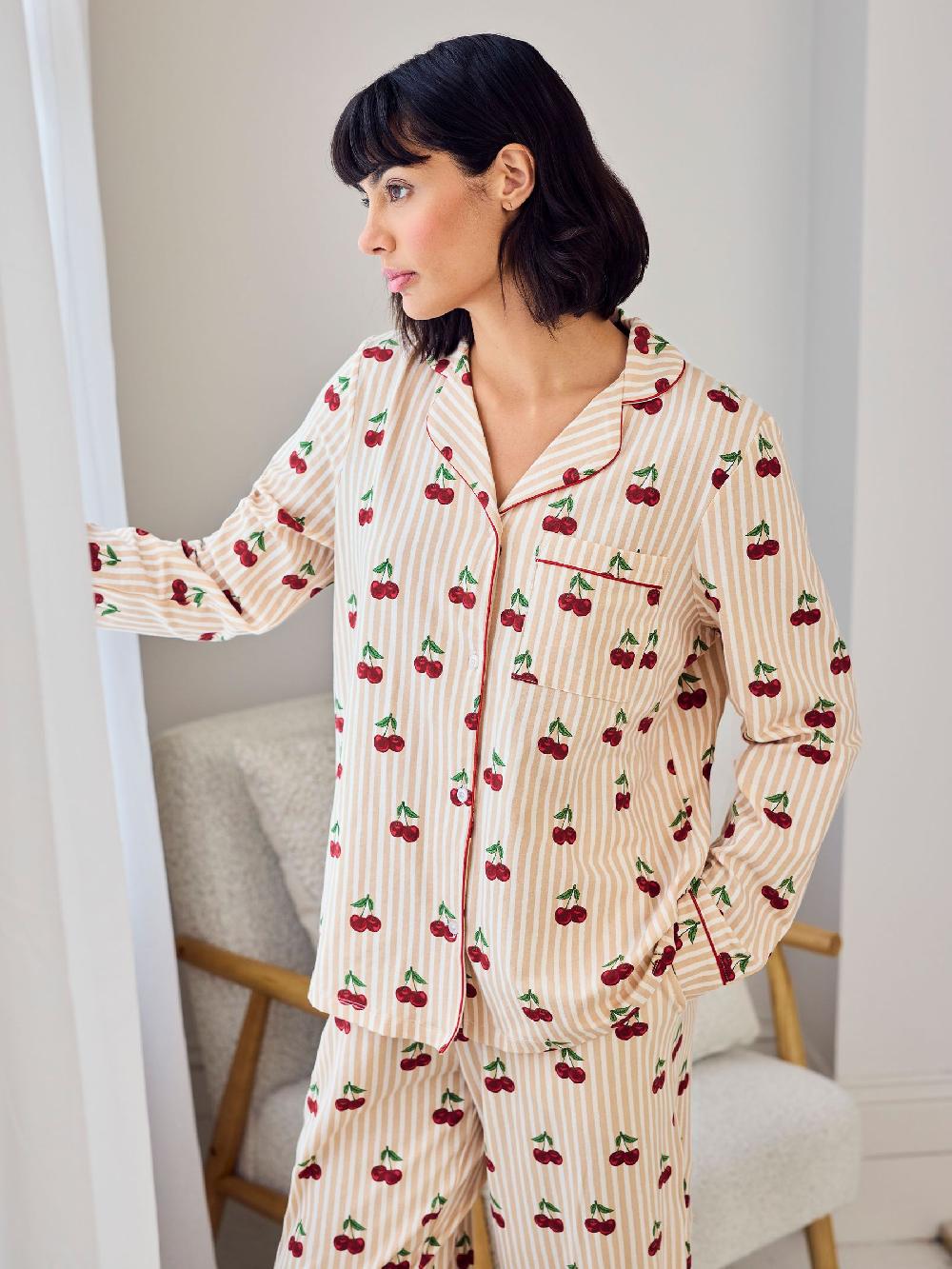 seraphine Chelsea Peers Natural Cotton Cherry Stripe Print Long Pyjamas Set