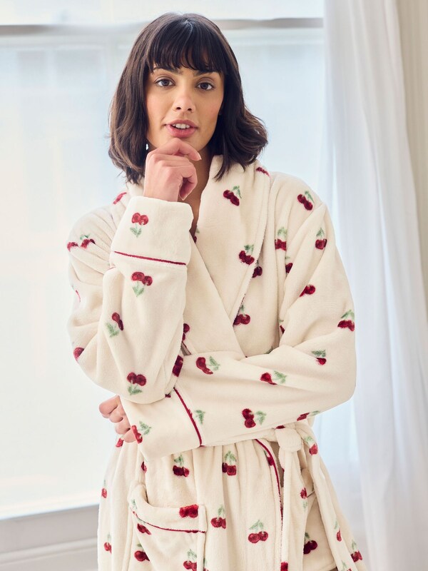 Seraphine Chelsea Peers Natural Fleece Cherry Print Long Dressing Gown