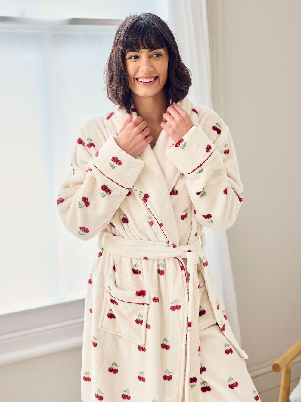 seraphine Chelsea Peers Natural Fleece Cherry Print Long Dressing Gown