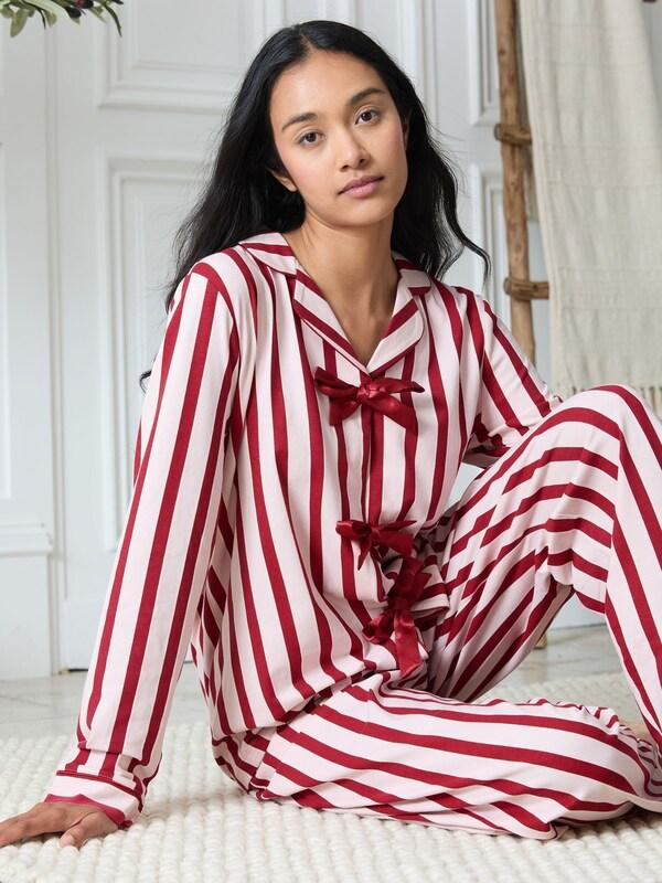 Seraphine Chelsea Peers Pink Cotton Stripe Tie Front Long Pyjamas Set