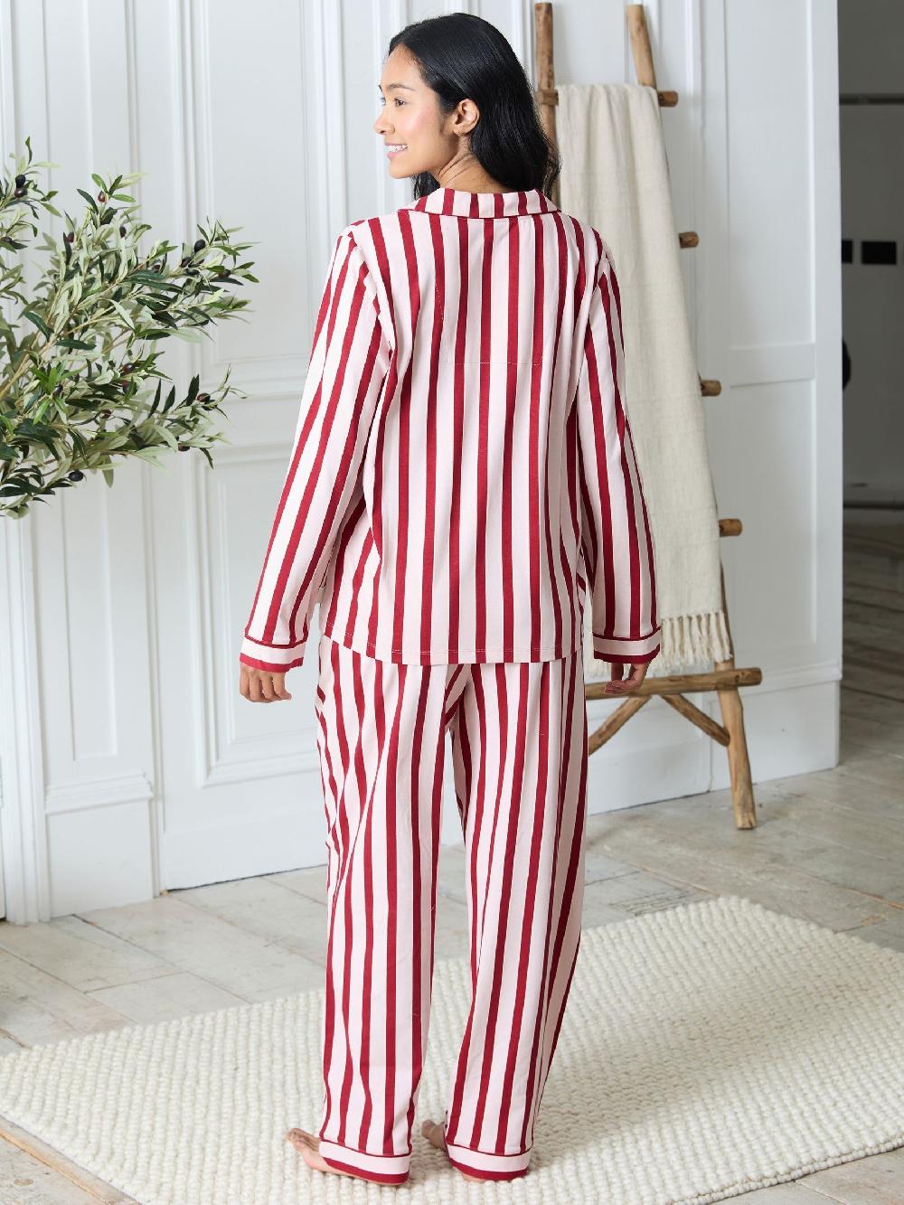 seraphine Chelsea Peers Pink Cotton Stripe Tie Front Long Pyjamas Set