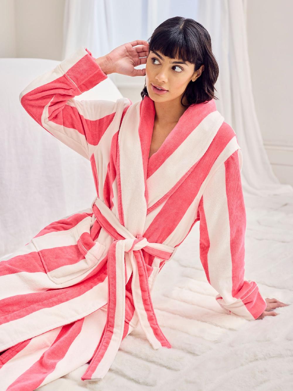 seraphine Chelsea Peers Pink Cotton Towelling Stripe Dressing Gown