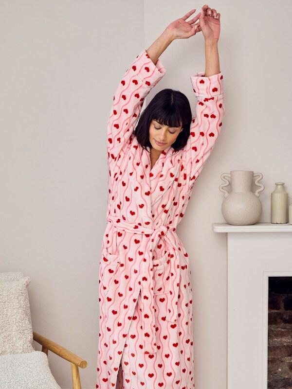 Seraphine Chelsea Peers Pink Fleece Wavy Stripe Heart Print Long Dressing Gown
