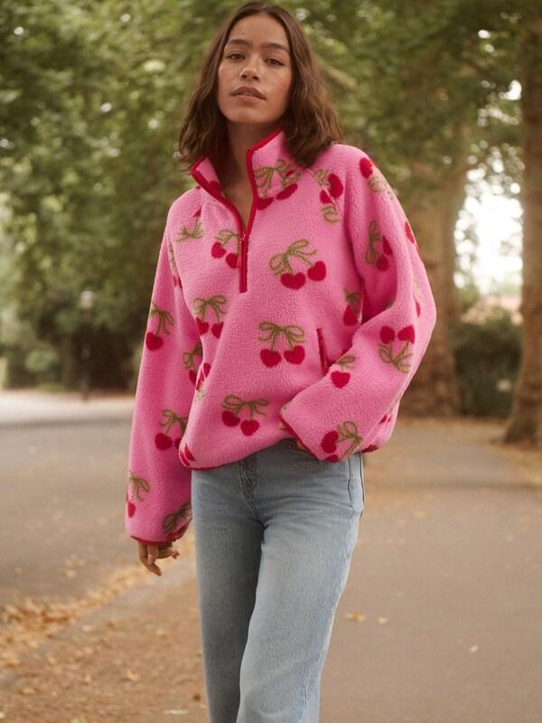 Seraphine Cherry Print Active Quarter Zip Borg Jacket