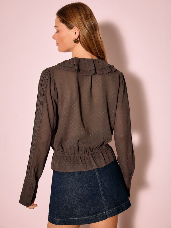 Seraphine Chocolate Brown Heart Print Ruffle Pintuck Long Sleeve Blouse