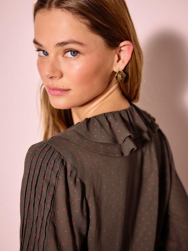 Seraphine Chocolate Brown Heart Print Ruffle Pintuck Long Sleeve Blouse