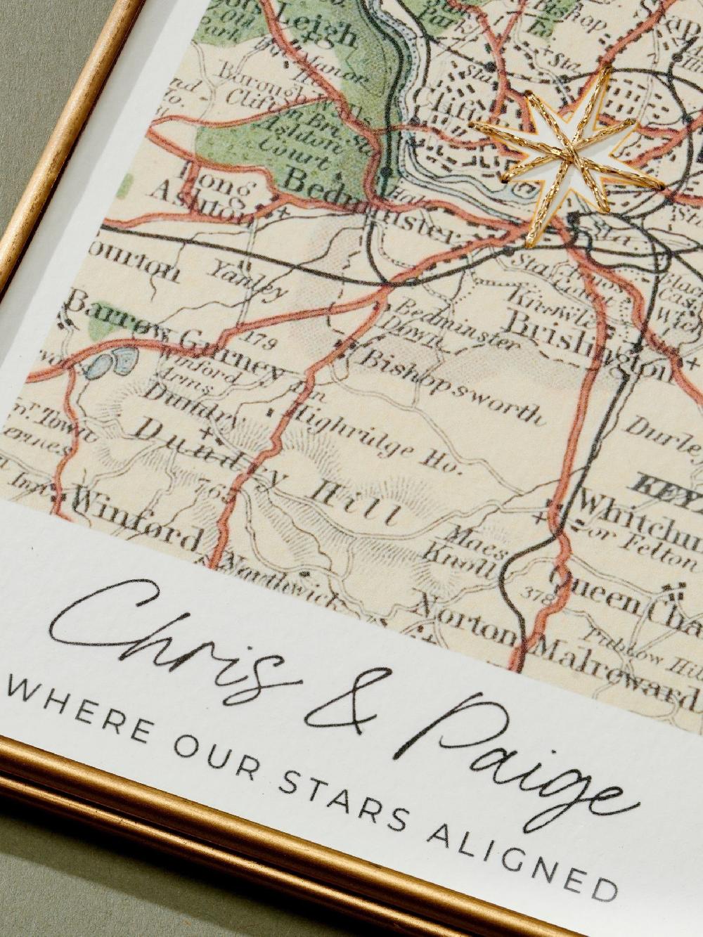 seraphine Christmas vintage Map Print with Gold Star by Posh Totty Designs