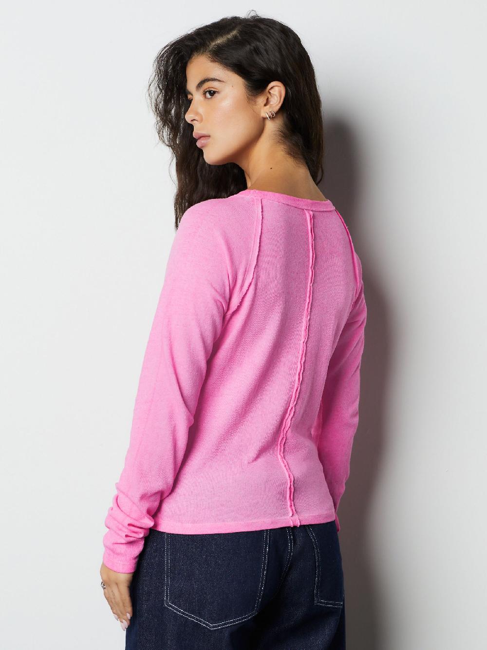 seraphine Fluro Pink Long Sleeve Washed Effect Raw Seam T-Shirt
